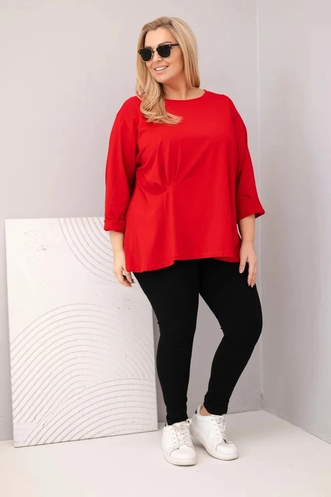Moteriška Plus Size palaidinė su medvilne ir raukinimu, raudona