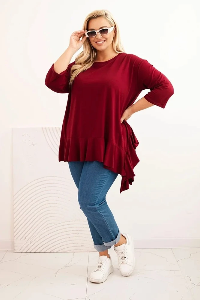 Moteriška Plus Size palaidinė su medvilne ir raukiniais, tamsiai raudonos spalvos