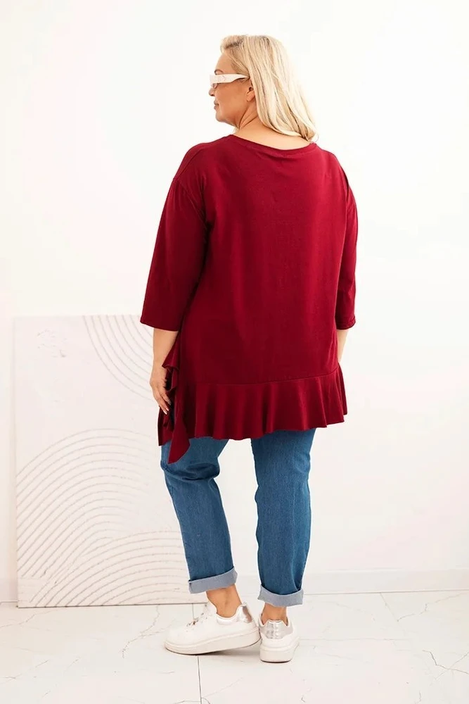 Moteriška Plus Size palaidinė su medvilne ir raukiniais, tamsiai raudonos spalvos