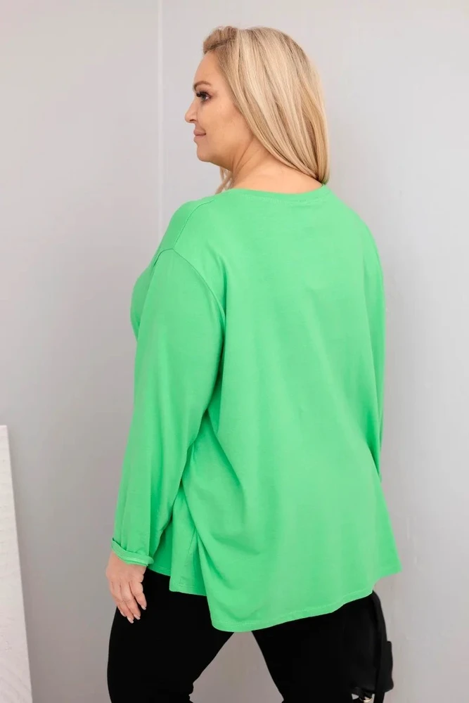 Moteriška Plus Size palaidinė su medvilne, ilgomis rankovėmis ir raukiniu, šviesiai žalios spalvos