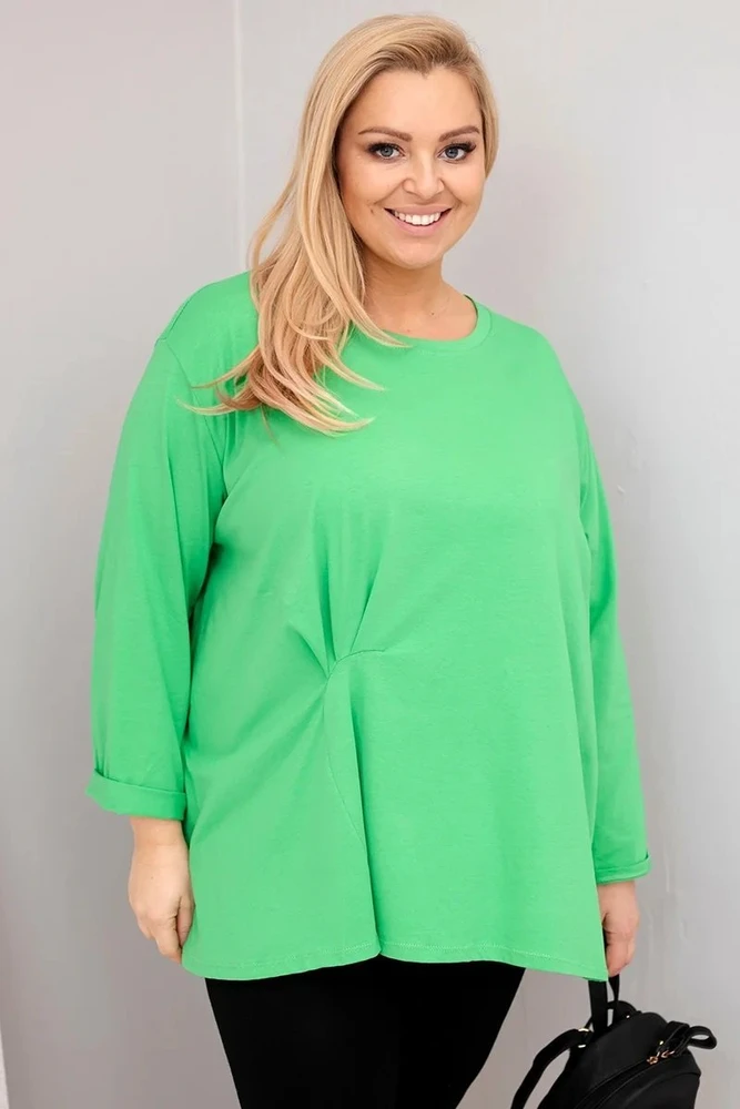 Moteriška Plus Size palaidinė su medvilne, ilgomis rankovėmis ir raukiniu, šviesiai žalios spalvos
