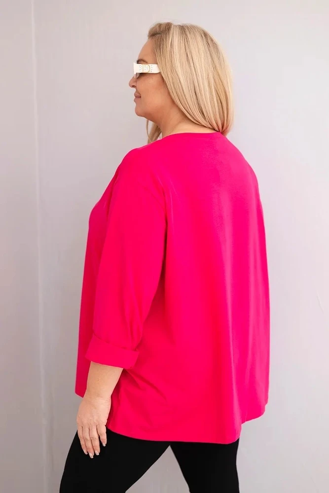 Moteriška Plus Size palaidinė su medvilne, ilgomis rankovėmis, fuksijos spalvos