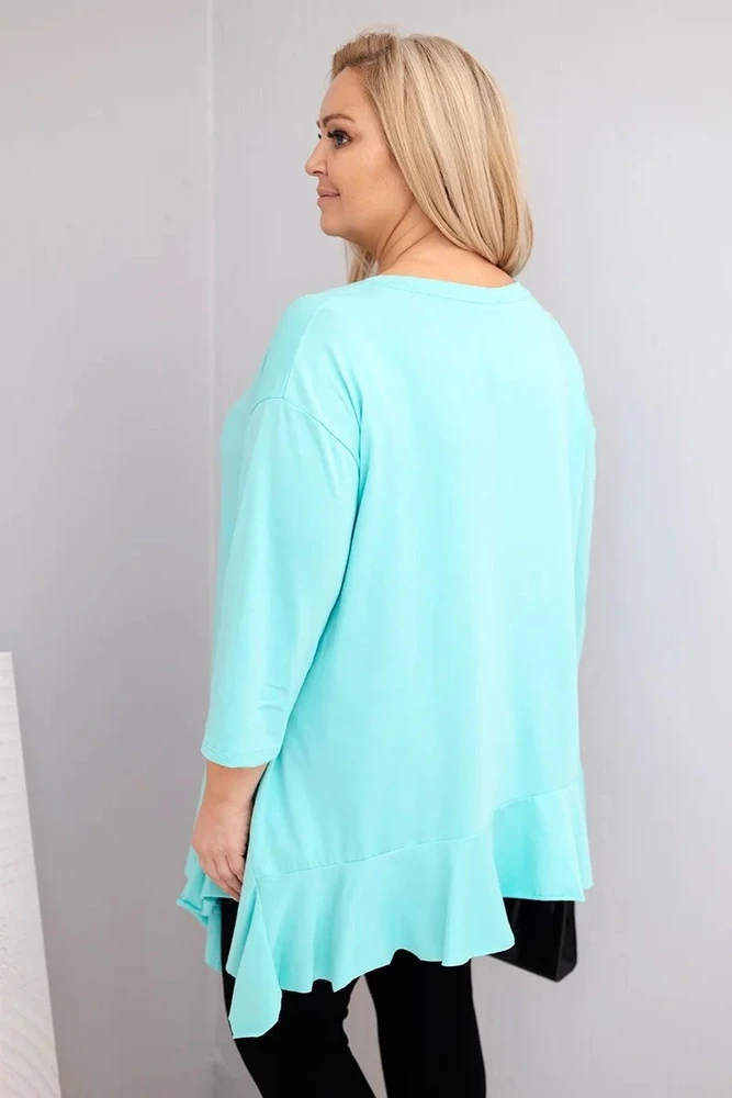 Moteriška Plus Size palaidinė su medvilne, raukiniais ir 3/4 rankovėmis, mėtų spalvos