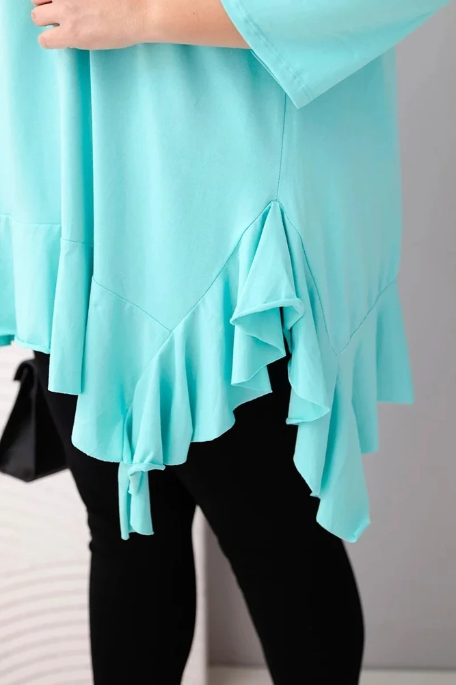 Moteriška Plus Size palaidinė su medvilne, raukiniais ir 3/4 rankovėmis, mėtų spalvos