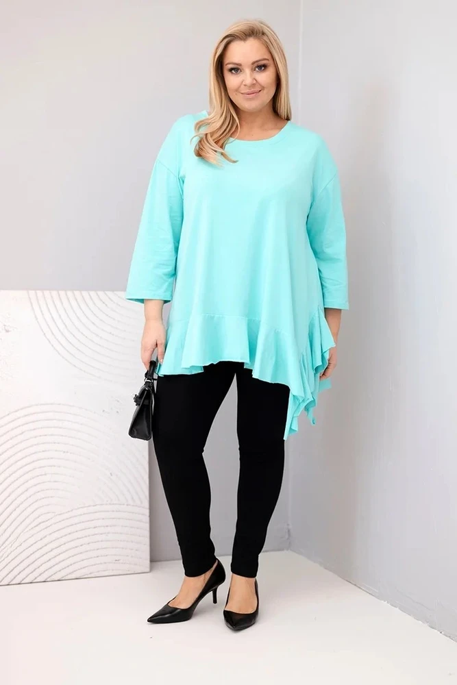 Moteriška Plus Size palaidinė su medvilne, raukiniais ir 3/4 rankovėmis, mėtų spalvos