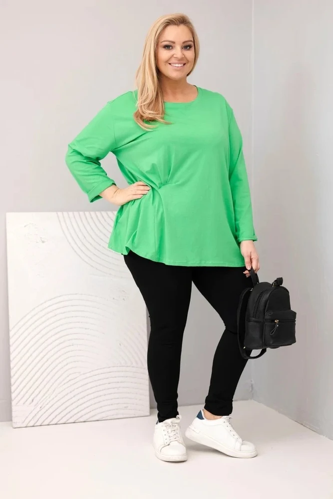 Moteriška Plus Size palaidinė su medvilne, ilgomis rankovėmis ir raukiniu, šviesiai žalios spalvos