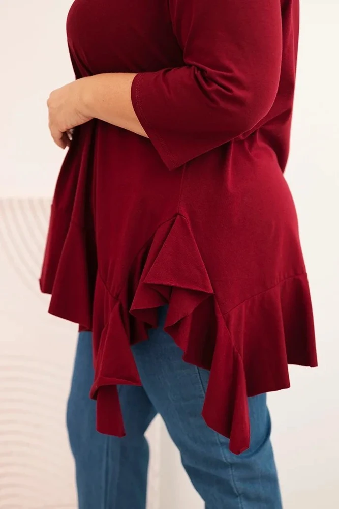 Moteriška Plus Size palaidinė su medvilne ir raukiniais, tamsiai raudonos spalvos