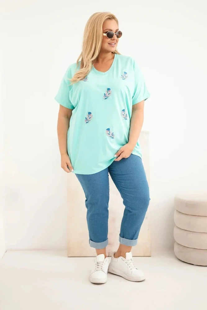 Moteriška Plus Size palaidinė su plunksnų aplikacijomis, mėtų spalvos