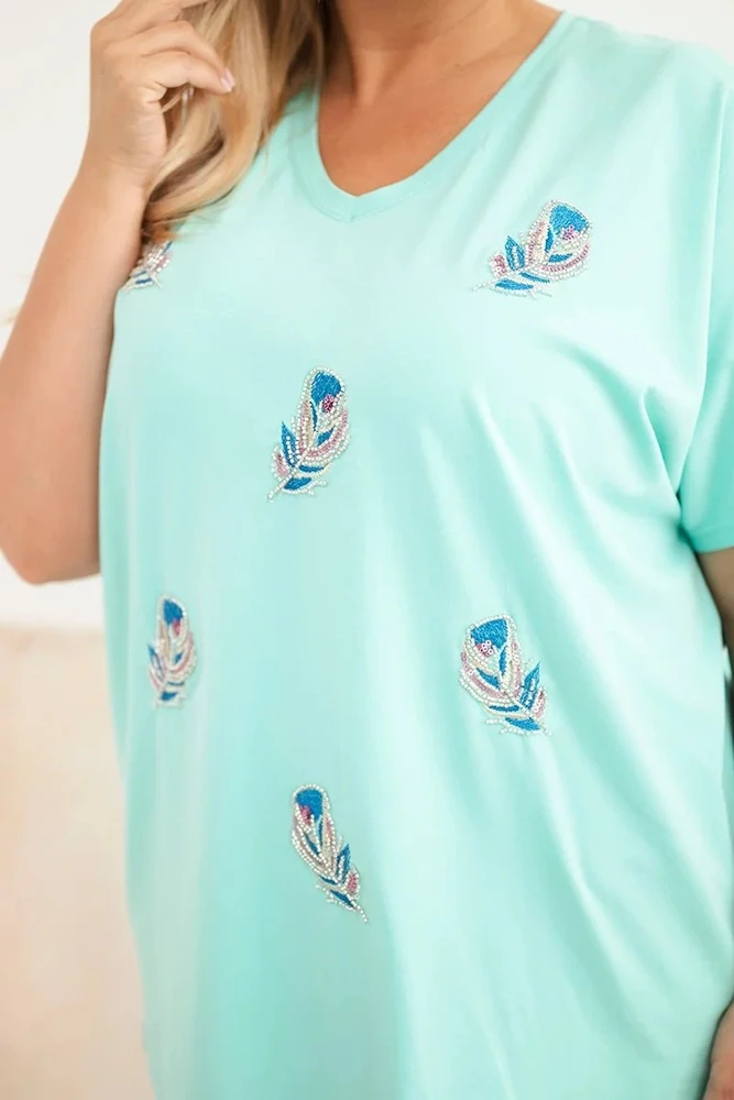 Moteriška Plus Size palaidinė su plunksnų aplikacijomis, mėtų spalvos