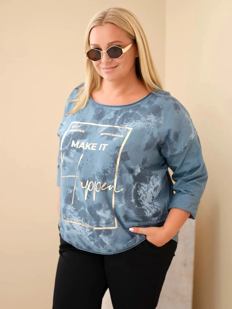 Moteriška Plus Size palaidinė su spauda ir U formos iškirpte, džinso mėlynos spalvos