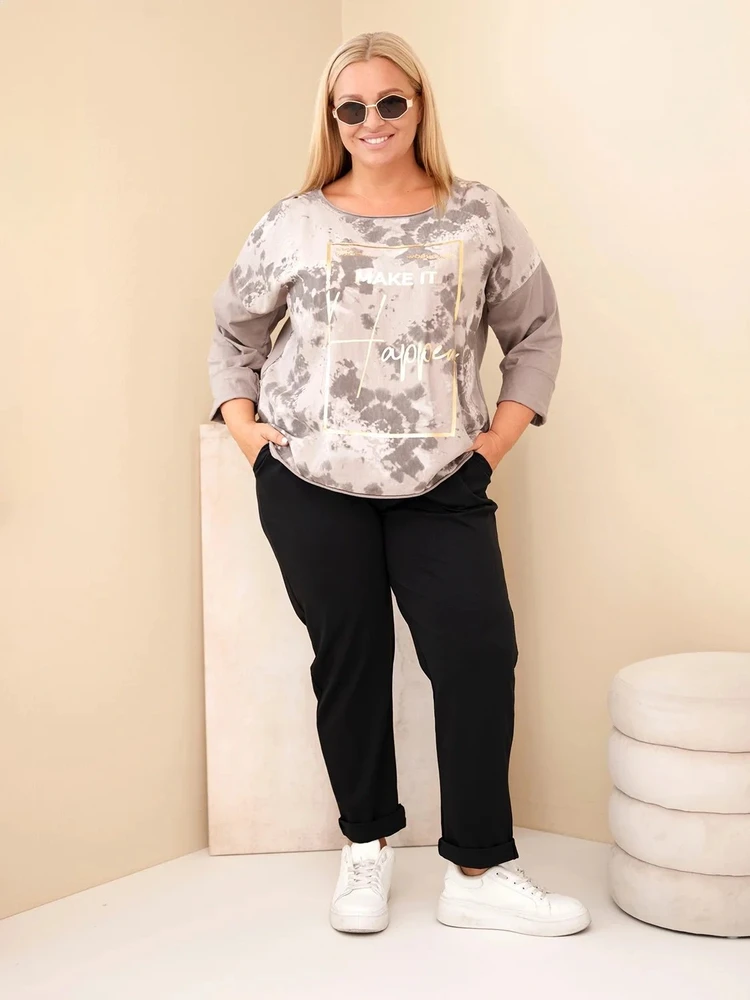 Moteriška Plus Size palaidinė su spauda ir U formos iškirpte, fango spalvos