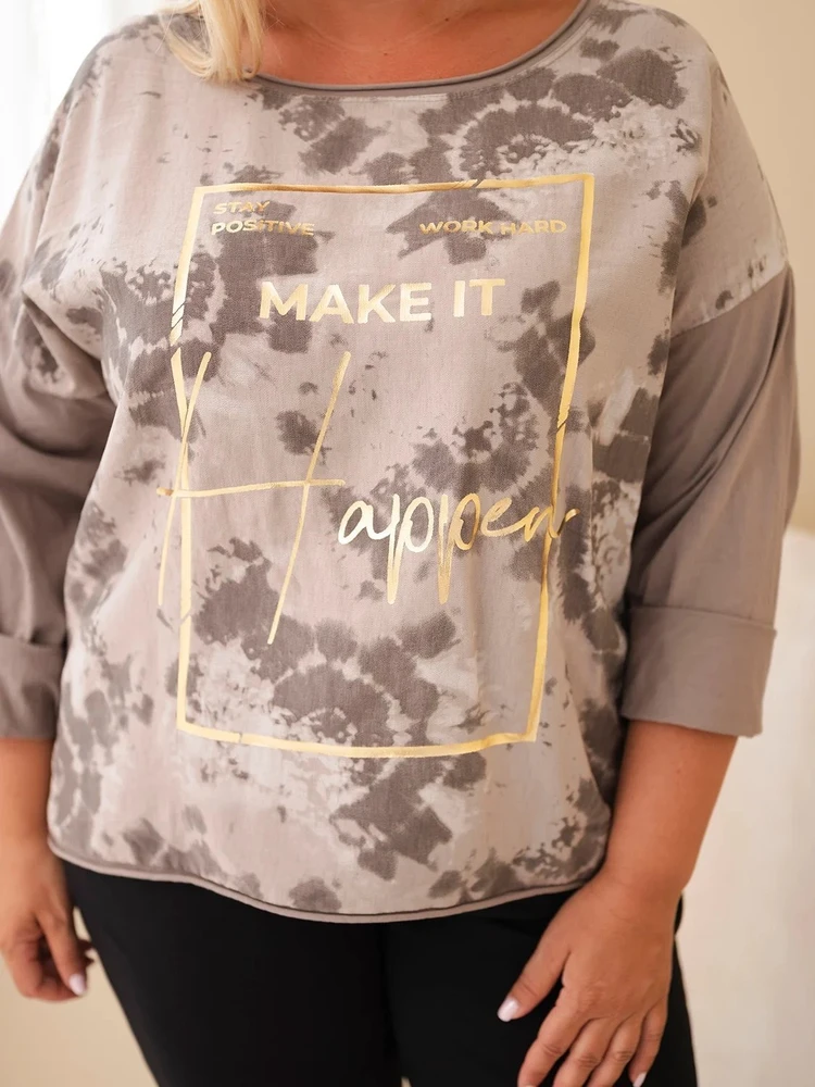 Moteriška Plus Size palaidinė su spauda ir U formos iškirpte, fango spalvos
