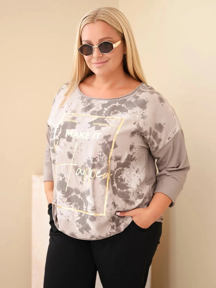 Moteriška Plus Size palaidinė su spauda ir U formos iškirpte, fango spalvos