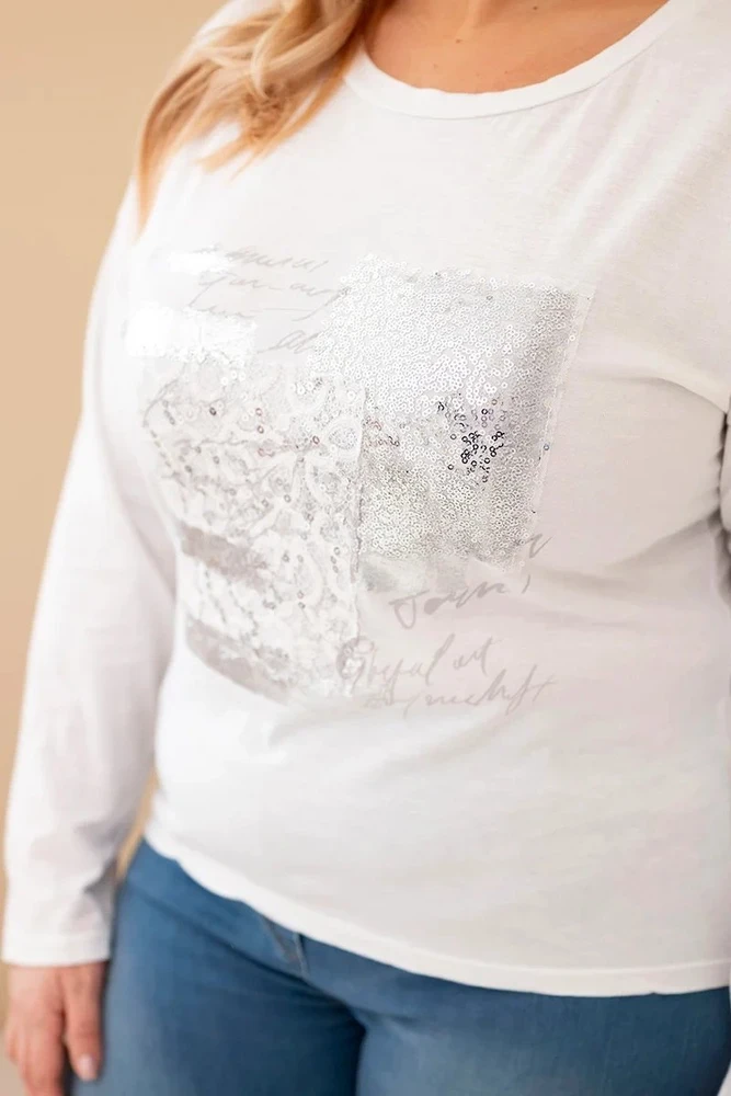 Moteriška Plus Size palaidinė su spaudiniu ir ilgesne nugara, balta