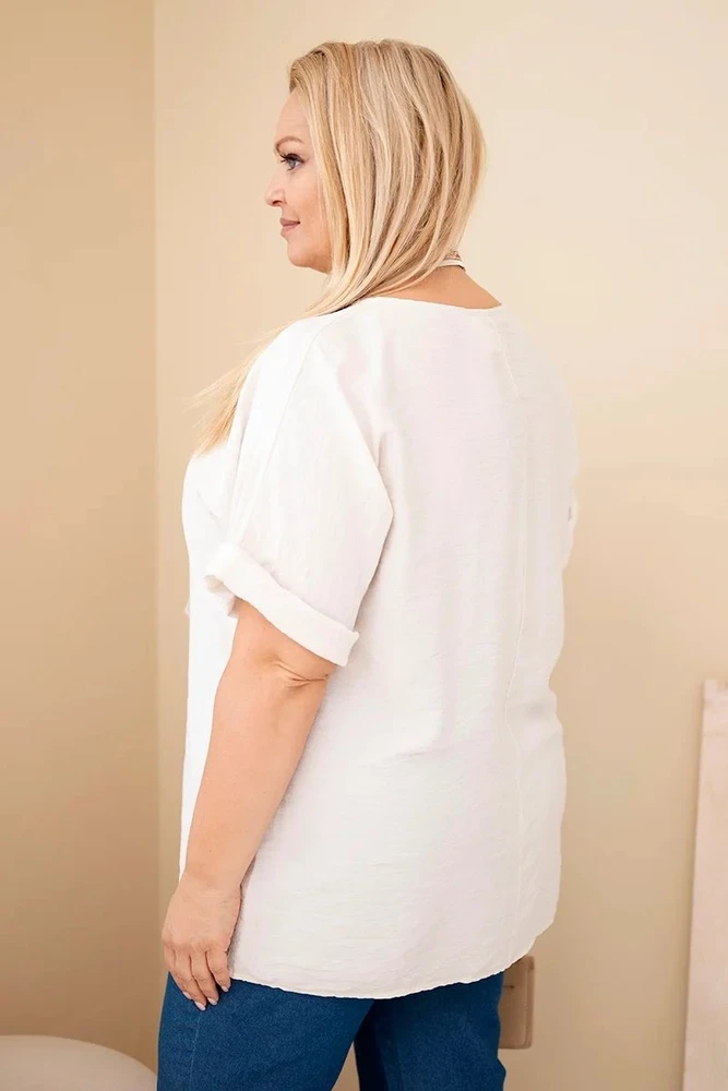 Moteriška Plus Size palaidinė su trumpomis rankovėmis ir dekoratyvine skarele, smėlio spalvos