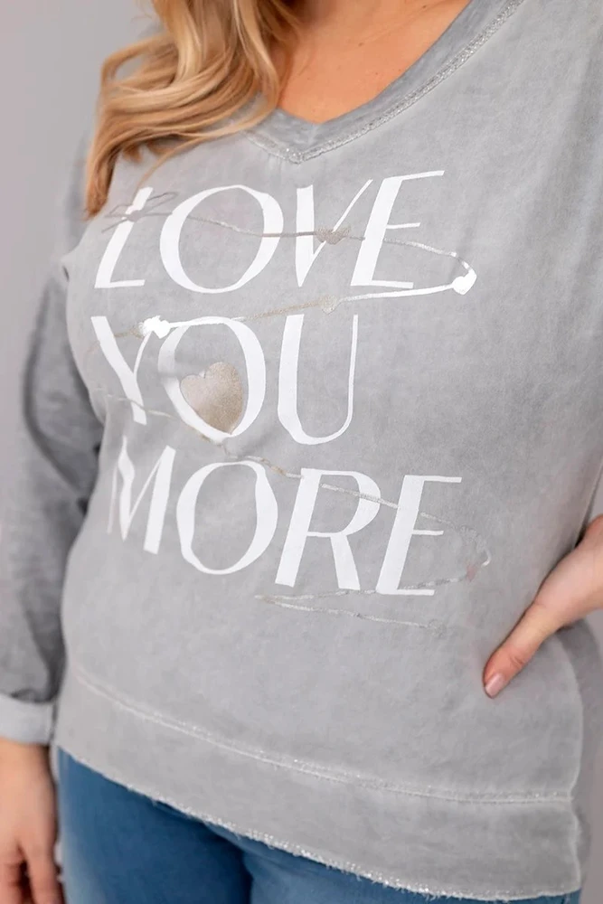 Moteriška Plus Size palaidinė su užrašu Love You More, pilkos spalvos