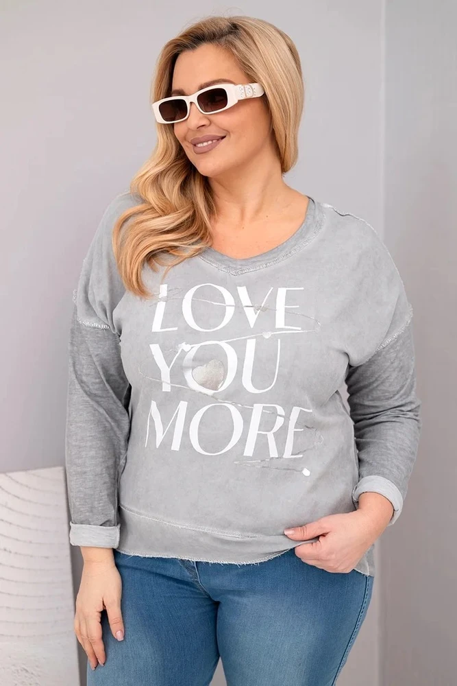 Moteriška Plus Size palaidinė su užrašu Love You More, pilkos spalvos