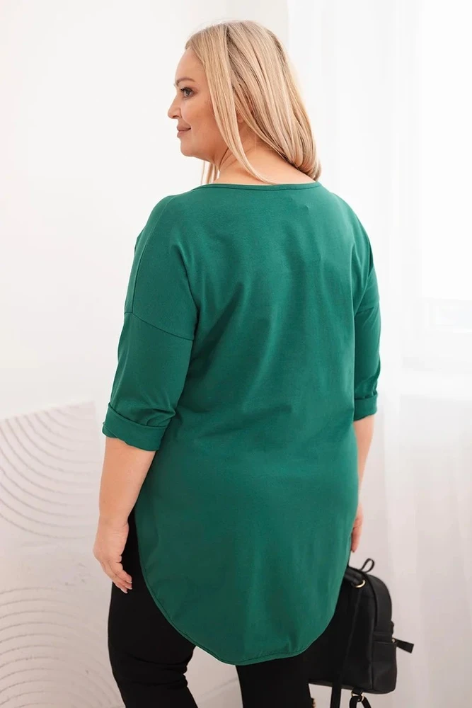 Moteriška Plus Size palaidinė su V formos iškirpte ir rankovėmis iki alkūnės, tamsiai žalia