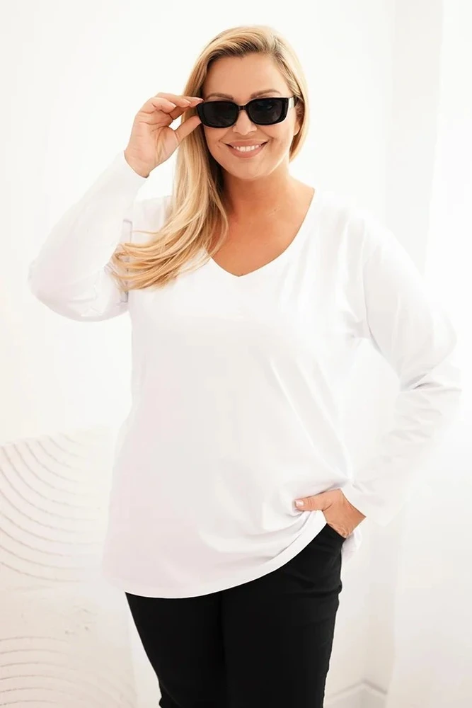 Moteriška Plus Size palaidinė su V formos iškirpte ir ilgomis rankovėmis, balta