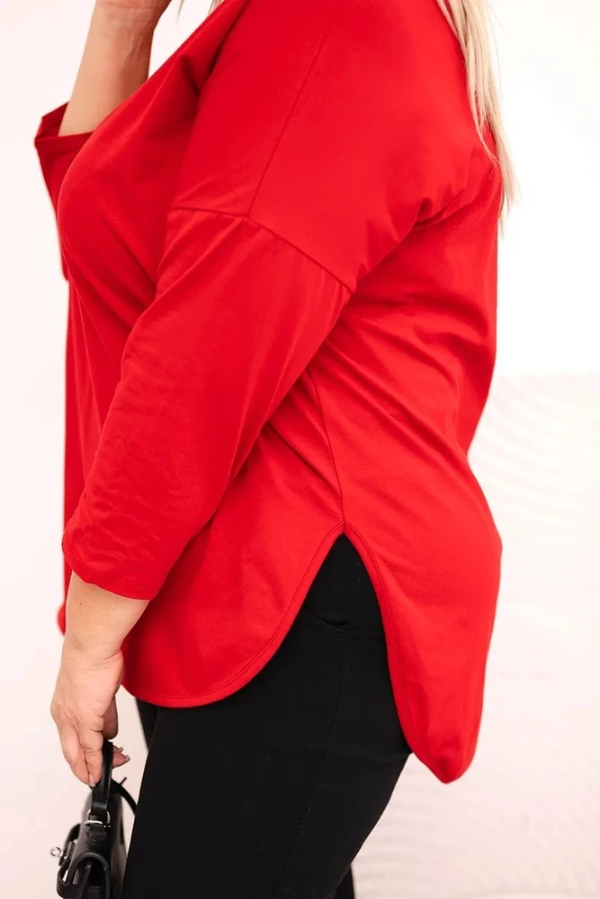 Moteriška Plus Size palaidinė su V formos iškirpte ir rankogaliais, raudonos spalvos