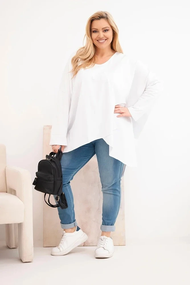 Moteriška Plus Size palaidinė su V formos iškirpte ir asimetriniu apačios kraštu, balta
