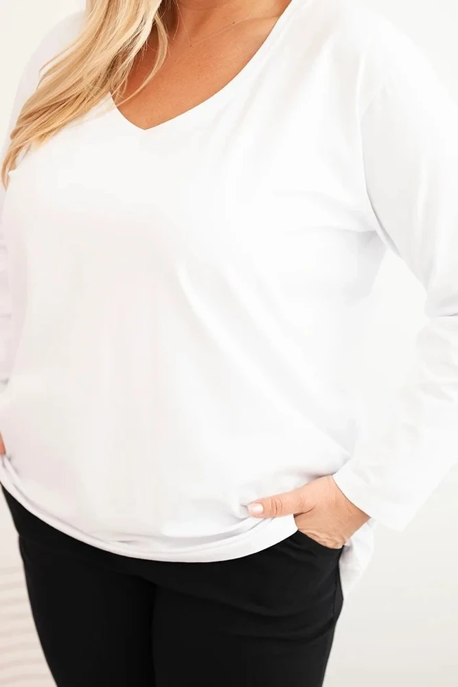 Moteriška Plus Size palaidinė su V formos iškirpte ir ilgomis rankovėmis, balta