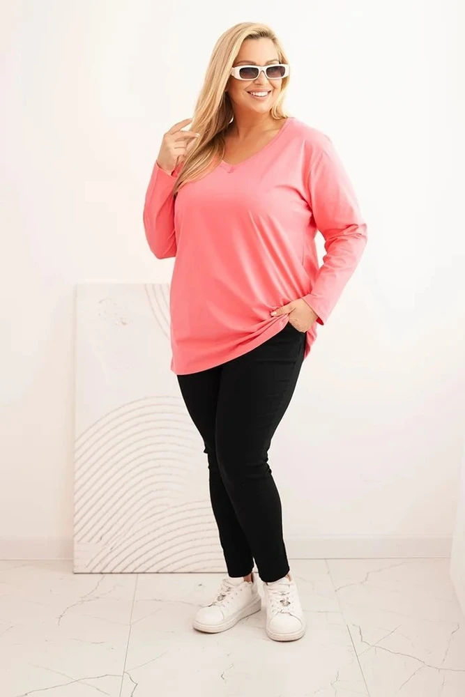 Moteriška Plus Size palaidinė su V formos iškirpte, ilgomis rankovėmis, rožinės spalvos