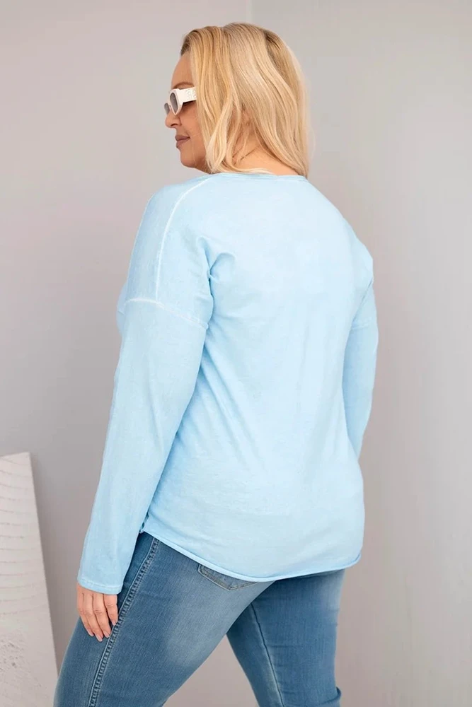 Moteriška Plus Size palaidinė su V formos iškirpte ir ilgesne nugara, mėlynos spalvos