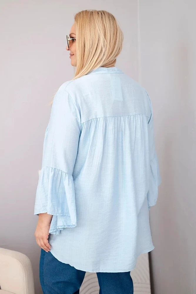 Moteriška Plus Size palaidinė su V formos iškirpte ir rankovėmis su klostėmis, mėlyna