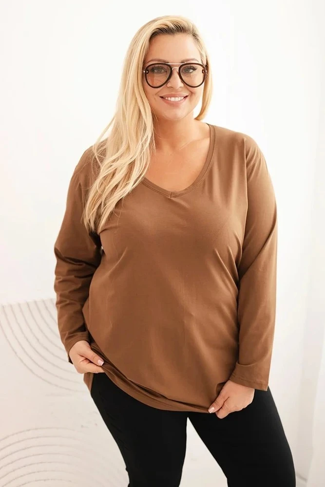 Moteriška Plus Size palaidinė su V formos iškirpte ir ilgomis rankovėmis, rudos spalvos