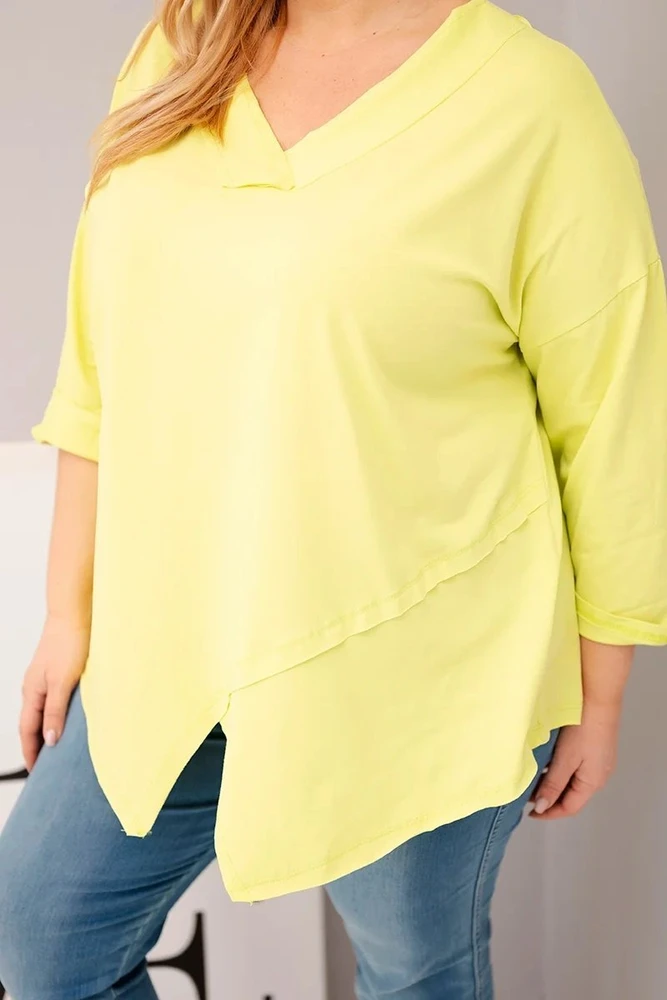 Moteriška Plus Size palaidinė su V formos iškirpte, asimetrine apačia, neoninės geltonos spalvos
