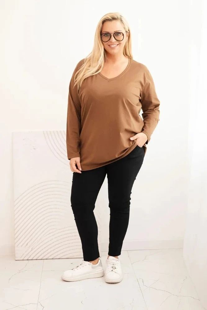 Moteriška Plus Size palaidinė su V formos iškirpte ir ilgomis rankovėmis, rudos spalvos