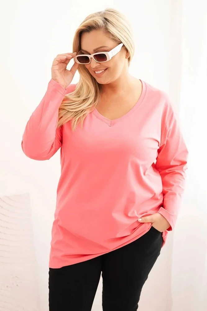 Moteriška Plus Size palaidinė su V formos iškirpte, ilgomis rankovėmis, rožinės spalvos