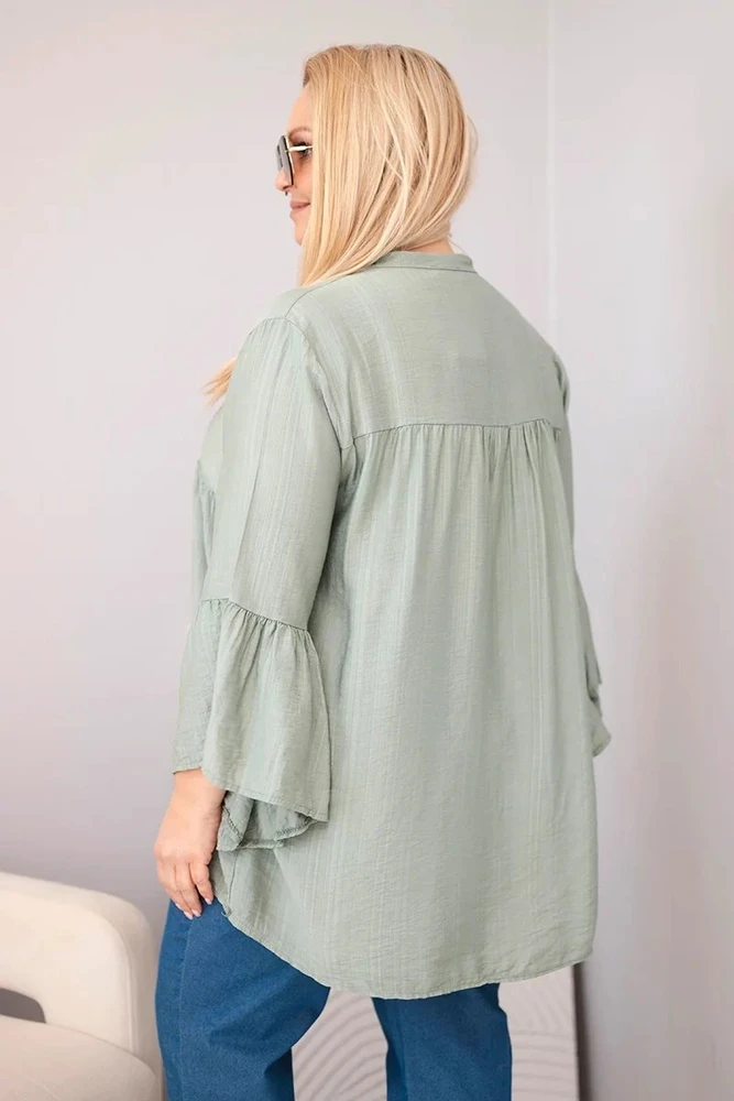 Moteriška Plus Size palaidinė su V formos iškirpte ir raukiniais ant rankovių, chaki spalvos
