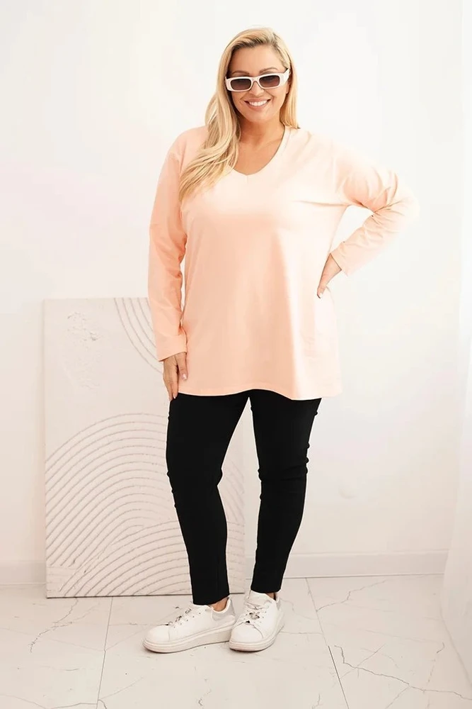 Moteriška Plus Size palaidinė su V formos iškirpte ir ilgomis rankovėmis, persikinės spalvos