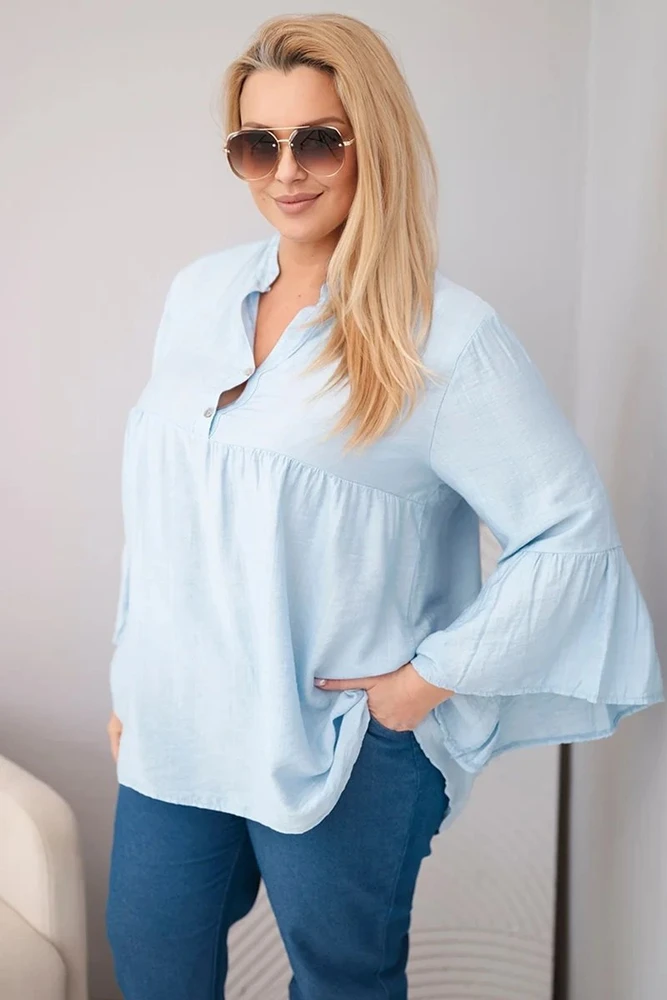 Moteriška Plus Size palaidinė su V formos iškirpte ir rankovėmis su klostėmis, mėlyna