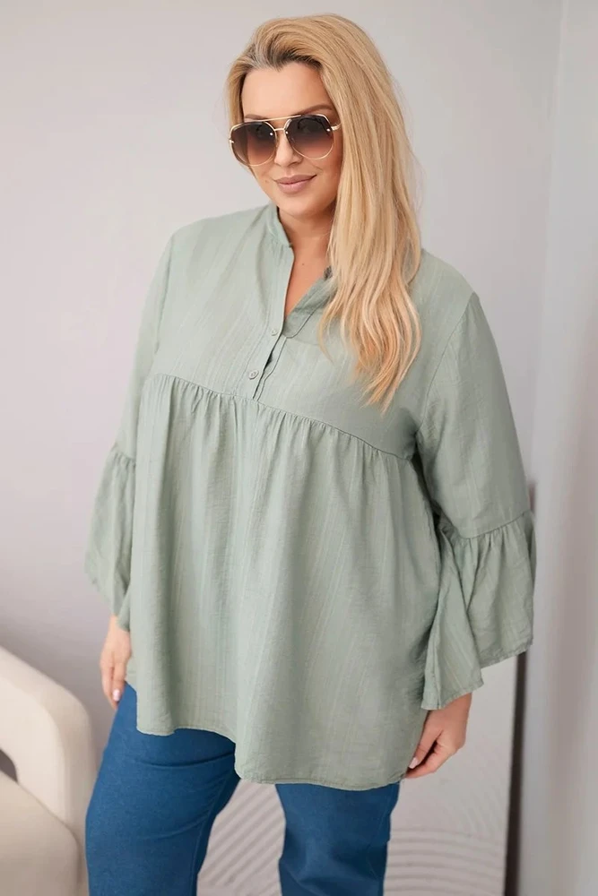 Moteriška Plus Size palaidinė su V formos iškirpte ir raukiniais ant rankovių, chaki spalvos