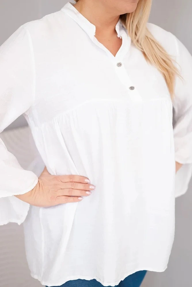 Moteriška Plus Size palaidinė su V formos iškirpte ir rauktomis rankovėmis, balta