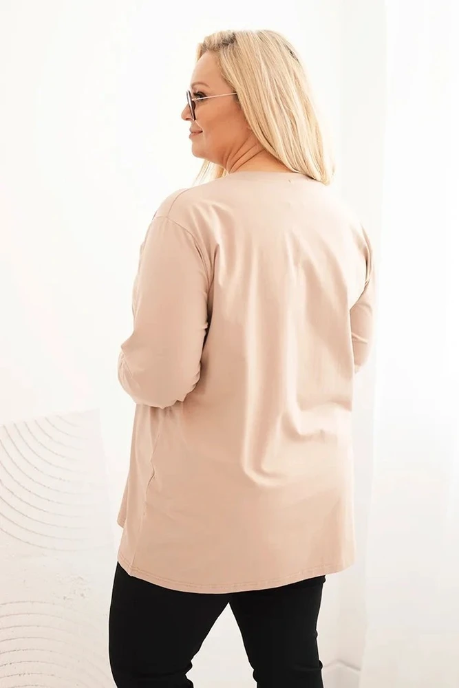 Moteriška Plus Size palaidinė su V formos iškirpte ir ilgomis rankovėmis, kapučino spalvos
