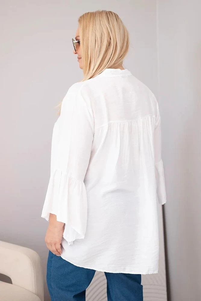 Moteriška Plus Size palaidinė su V formos iškirpte ir rauktomis rankovėmis, balta