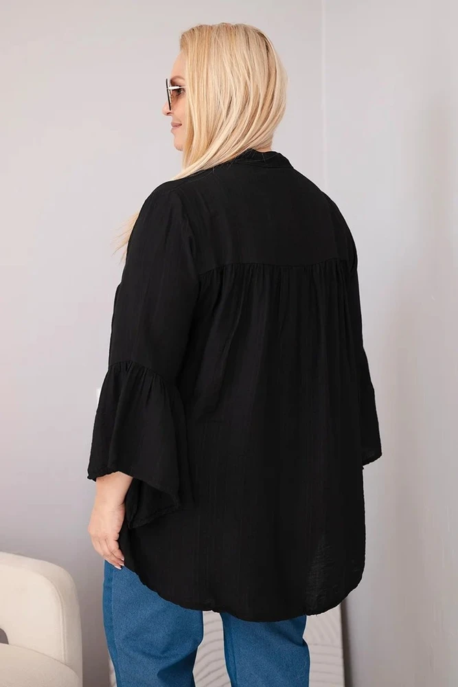 Moteriška Plus Size palaidinė su V formos iškirpte ir rankovėmis su raukiniais, juoda