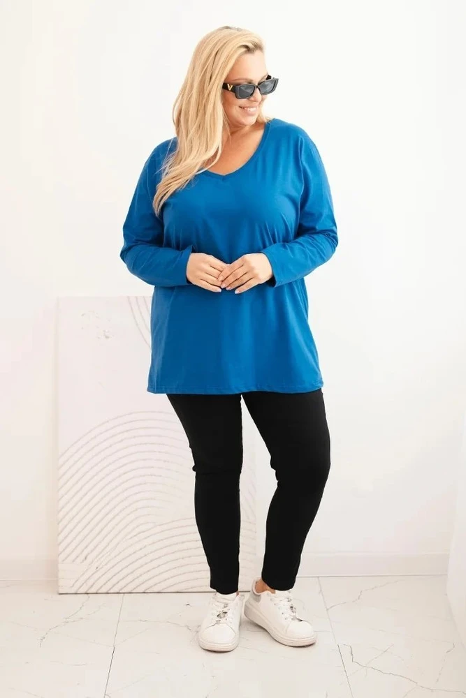 Moteriška Plus Size palaidinė su V formos iškirpte ir ilgomis rankovėmis, kobalto mėlynos spalvos