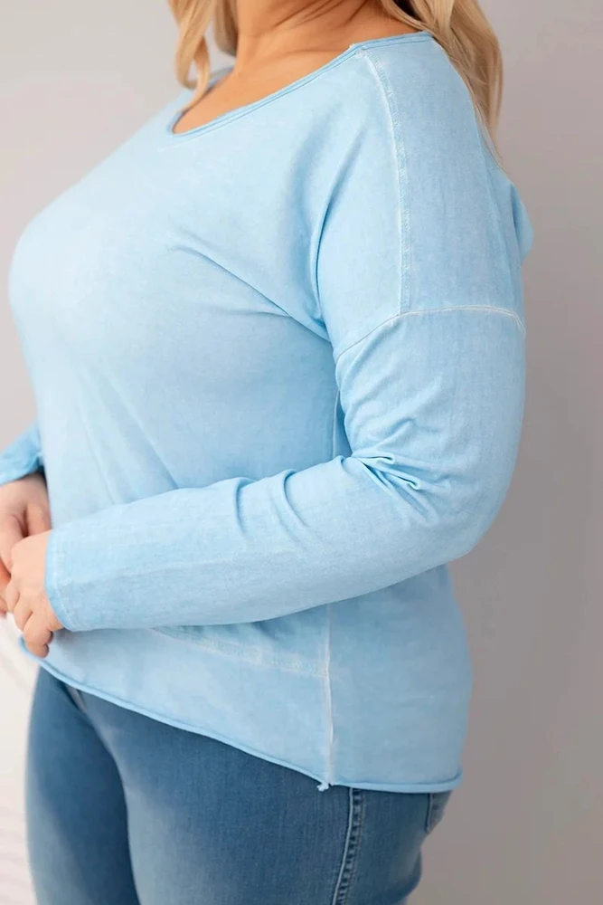 Moteriška Plus Size palaidinė su V formos iškirpte ir ilgesne nugara, mėlynos spalvos
