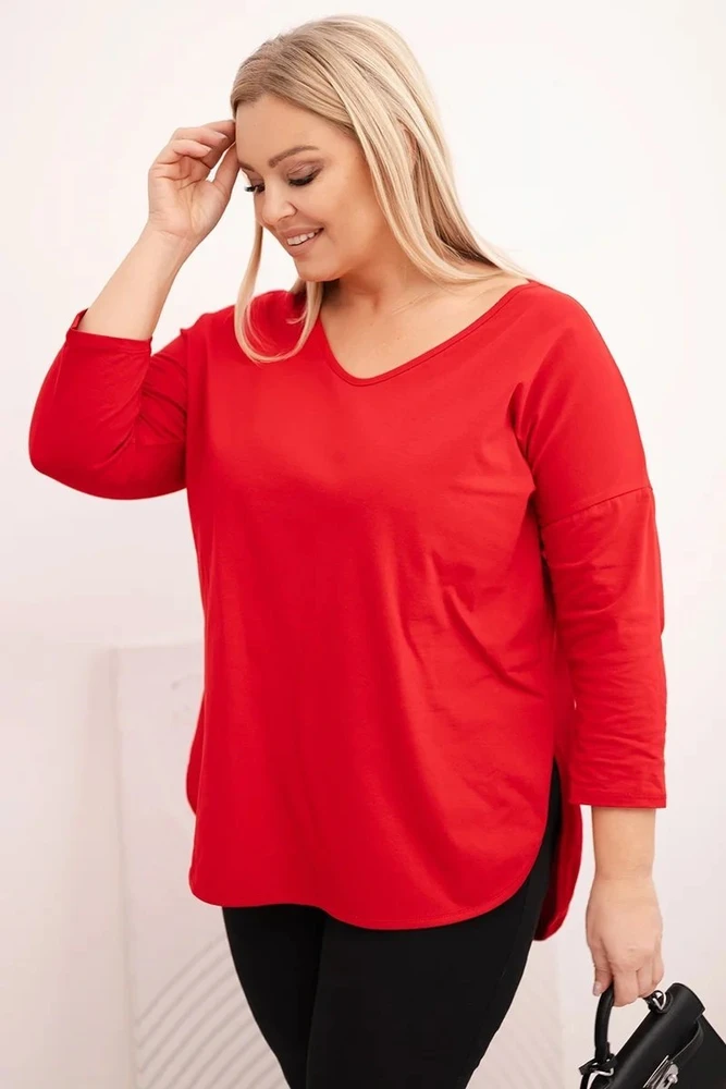 Moteriška Plus Size palaidinė su V formos iškirpte ir rankogaliais, raudonos spalvos