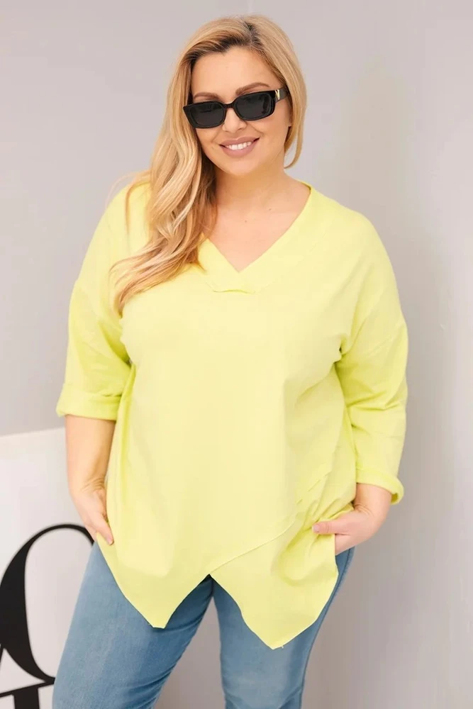 Moteriška Plus Size palaidinė su V formos iškirpte, asimetrine apačia, neoninės geltonos spalvos