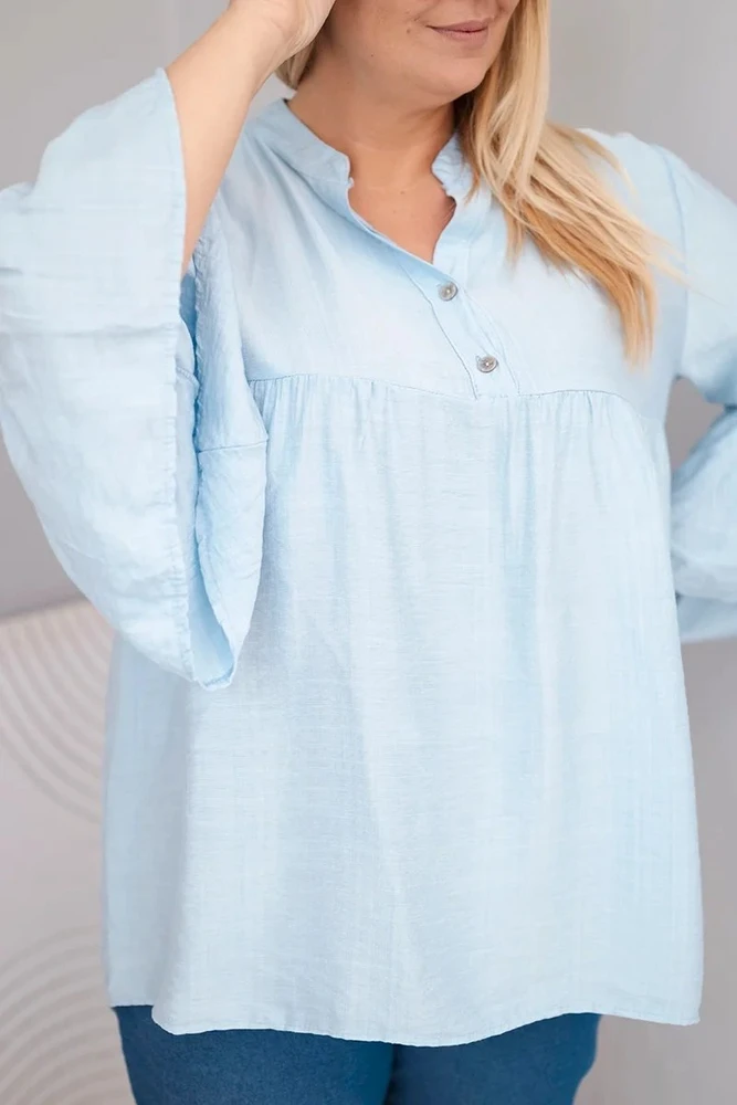 Moteriška Plus Size palaidinė su V formos iškirpte ir rankovėmis su klostėmis, mėlyna