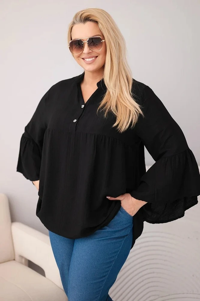 Moteriška Plus Size palaidinė su V formos iškirpte ir rankovėmis su raukiniais, juoda
