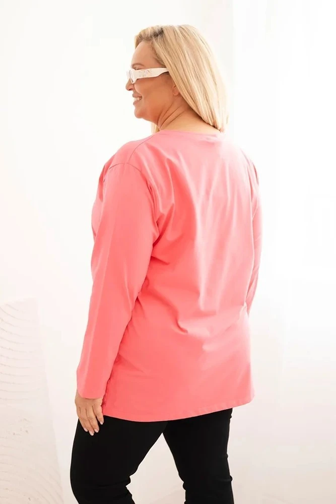Moteriška Plus Size palaidinė su V formos iškirpte, ilgomis rankovėmis, rožinės spalvos