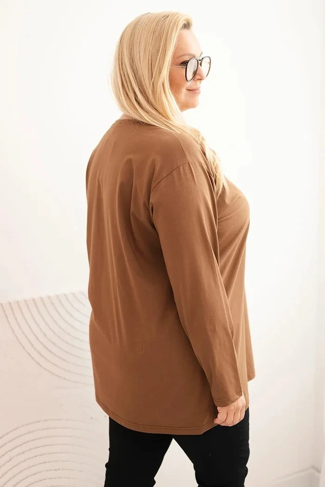 Moteriška Plus Size palaidinė su V formos iškirpte ir ilgomis rankovėmis, rudos spalvos