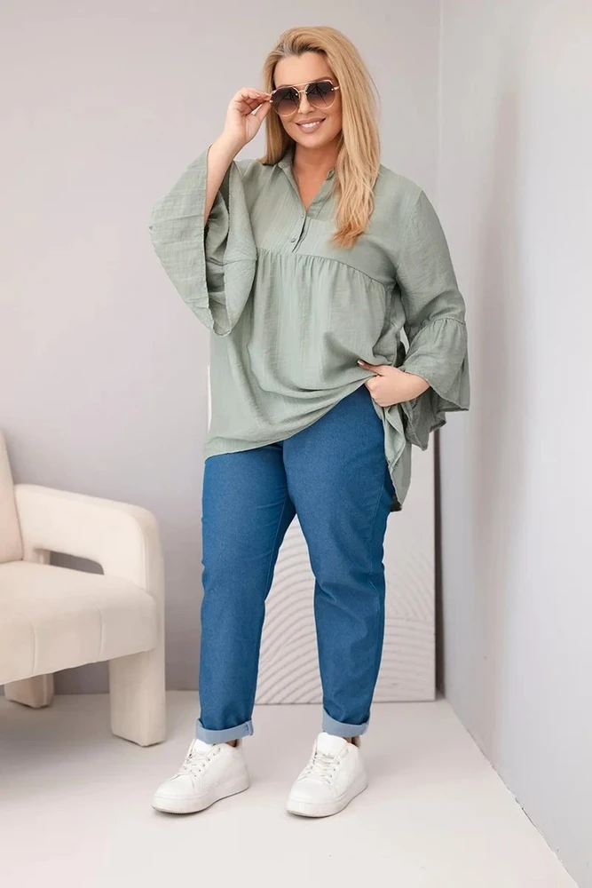 Moteriška Plus Size palaidinė su V formos iškirpte ir raukiniais ant rankovių, chaki spalvos